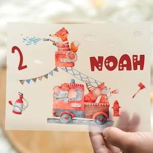 Iron-on image fire brigade with name & age – personalized – fire engine fox elephant – birthday shirt children – A4/A5