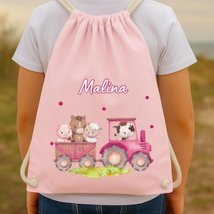 Sac de sport tracteur rose avec animaux – Personnalisé avec nom – Cadeau pour fille – Sac de maternelle style ferme