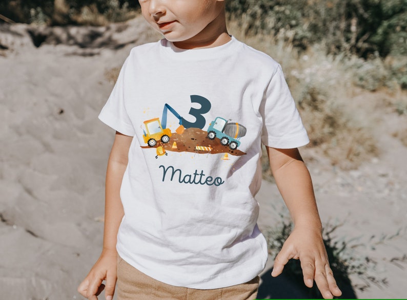 T-shirt birthday shirt personalized birthday child boy girl excavator wheel loader construction site construction worker image 1