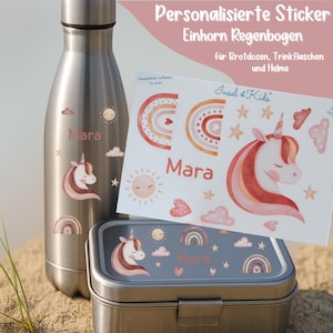 Sticker Einhorn mit Name – personalisiert & spülmaschinenfest – für Brotdose, Trinkflasche, Schultüte – Aufkleber A6–A4