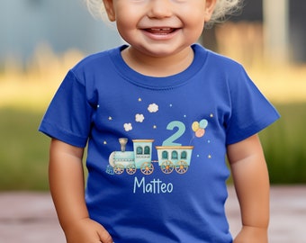 T-Shirt Geburtstagsshirt personalisiert  Geburtstagskind Junge Mädchen Bagger Zug Eisenbahn Lokomotive Lok Luftballon