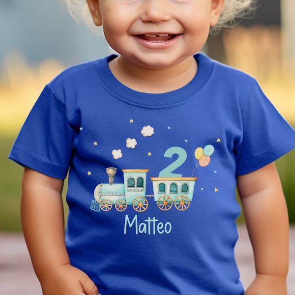 T-Shirt Geburtstagsshirt personalisiert  Geburtstagskind Junge Mädchen Bagger Zug Eisenbahn Lokomotive Lok Luftballon