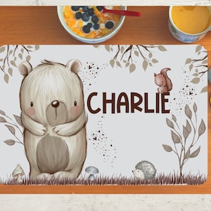 Set de table avec nom enfants garçon fille textile animaux de la forêt ours