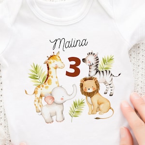 Iron-on transfer with desired name and age personalized jungle lion giraffe zebra