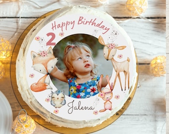 Gâteau avec photo fondant anniversaire enfant sucre image fille garçon renard cerf ours animaux de la forêt anniversaire automne