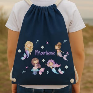 Sac de sport avec nom Sirène – Sac à langer maternelle pour filles – sac personnalisé rose, bleu, beige