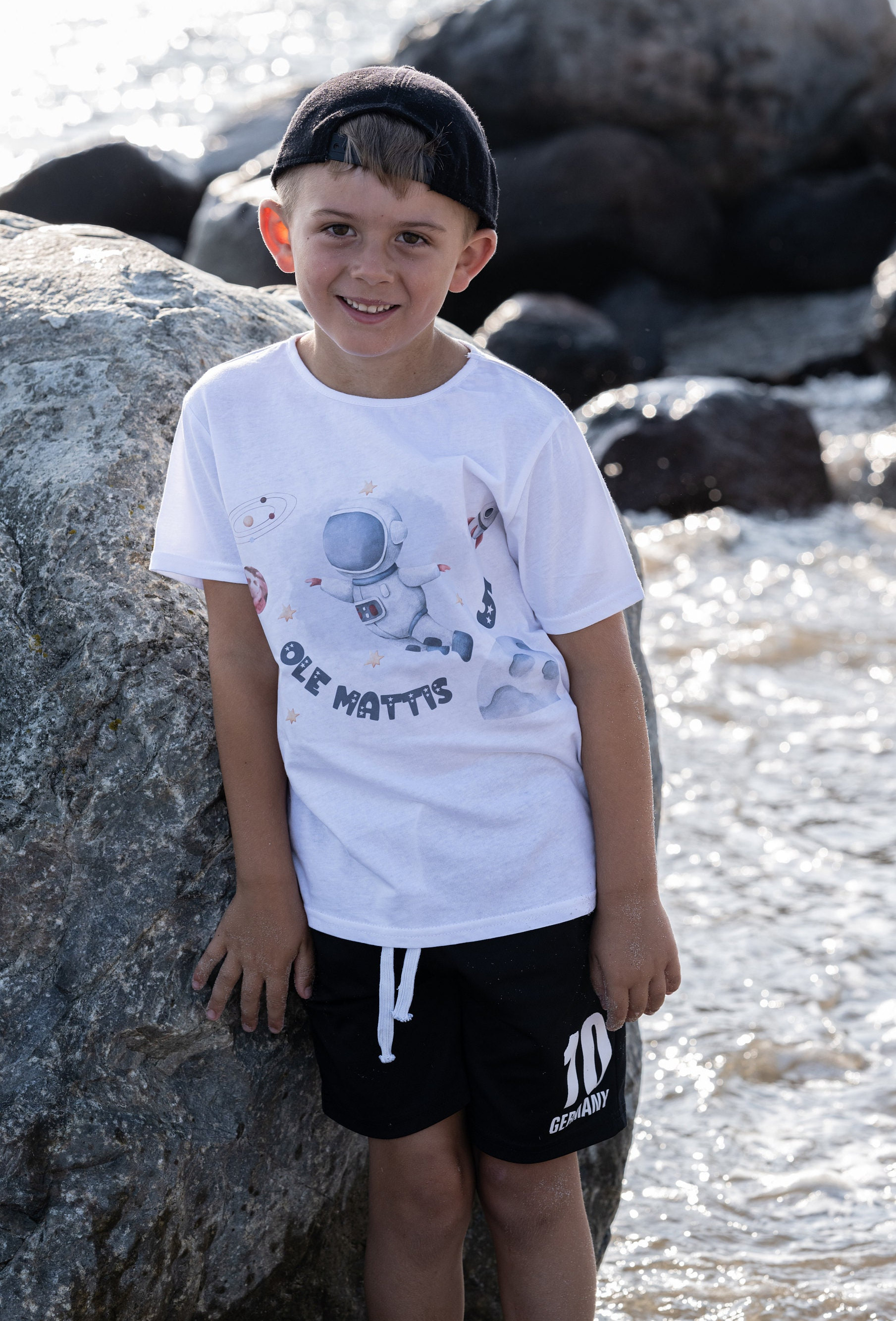Iron-on image with desired name and age personalized birthday shirt astronaut space rocket planets universe