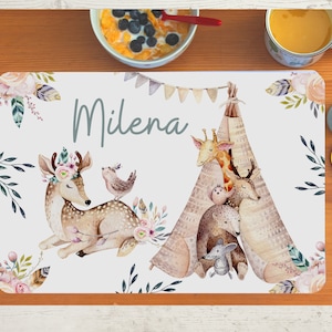 Set de table avec nom enfants garçon fille textile animaux de la forêt bohème cerf
