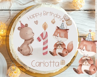 Cake topper fondant birthday child sugar picture girl boy forest animals bear fox party birthday party