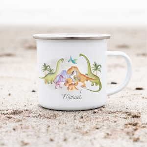 Personalized enamel mug with name – Dinosaur T-Rex mug for children – Gift for school enrollment or kindergarten – Enamel mug for boys