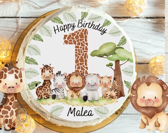 Cake topper fondant anniversaire enfant sucre image fille garçon lion éléphant jungle safari animaux Wild One