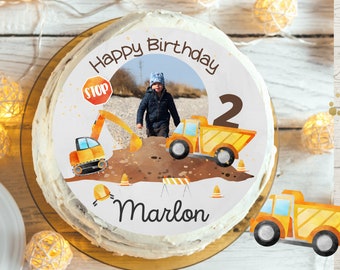 Cake topper with photo fondant birthday child sugar picture girl boy excavator wheel loader construction site construction worker