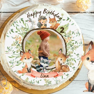 Cake topper with photo fondant birthday child sugar image girl boy forest animals fox deer raccoon forest animal birthday