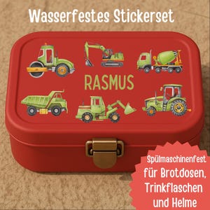 Namensaufkleber Baustelle – personalisierte Sticker mit Bagger & Traktor – wetterfest und spülmaschinenfest – für Brotdose und Trinkflasche