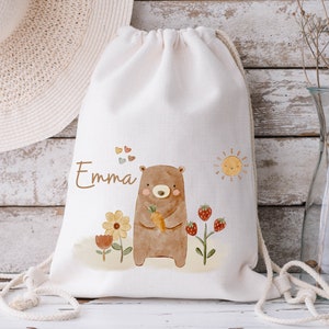 Sportbeutel Turnbeutel Jutebeutel Jutetasche mit Namen Beutel für Wechselwäsche personalisiert Boho Bär Sonne Waldtiere Bild 3