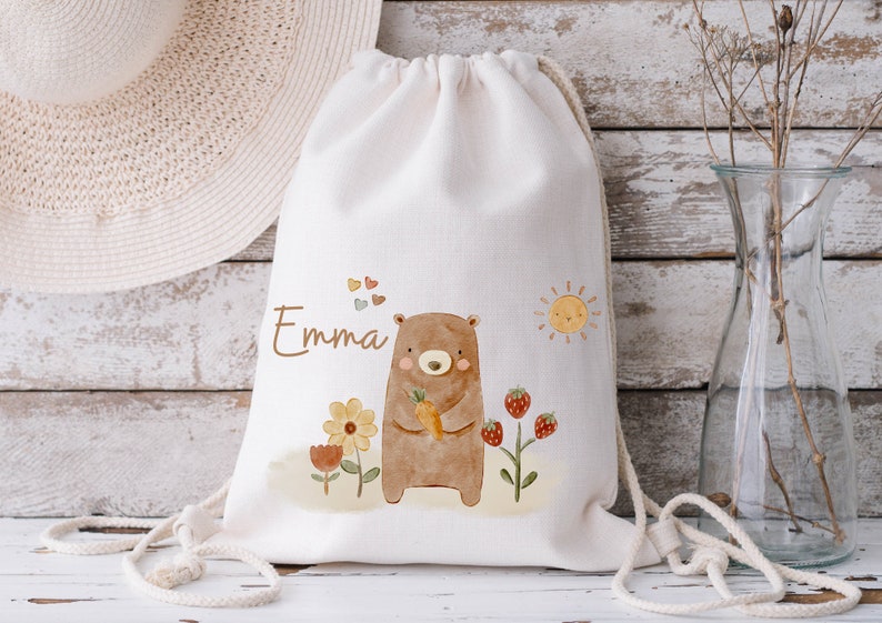 Sportbeutel Turnbeutel Jutebeutel Jutetasche mit Namen Beutel für Wechselwäsche personalisiert Boho Bär Sonne Waldtiere Bild 3