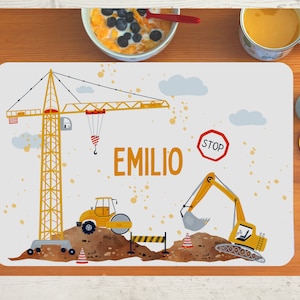 Placemat placemat with name children boy girl textile construction site crane excavator wheel loader construction vehicles