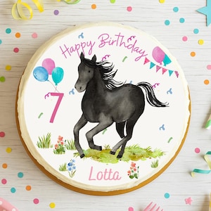 Cake topper Pony Party – black horse with balloons – personalized with name & number – fondant image birthday – edible – Ø 20 cm