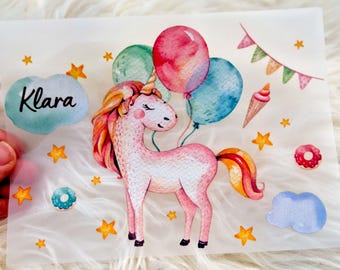 Iron-on unicorn transfer with name & number – personalized for girls – birthday shirt A4 A5 – rainbow iron-on patch