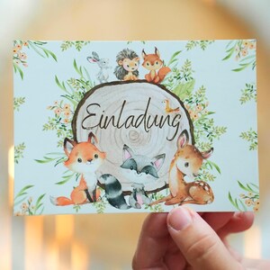 Uitnodigingskaarten voor een kinderfeestje met bosdieren – 8 kaarten DIN A6 – Vos, hert, egel – Uitnodiging voor een bosfeestje – Beschrijfbaar