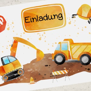 8 Einladungskarten für den Kindergeburtstag Bagger Radlader Baustelle Bauarbeiter