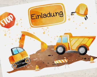 8 invitation cards for children's birthdays, excavator, wheel loader, construction site, construction worker