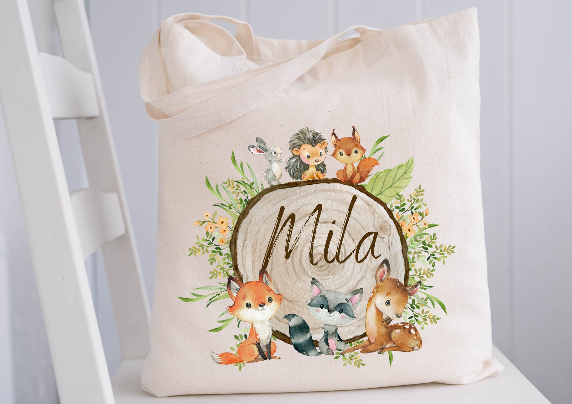 Gym bag with name forest animals – daycare bag fox deer rabbit – personalized for children & change of clothes