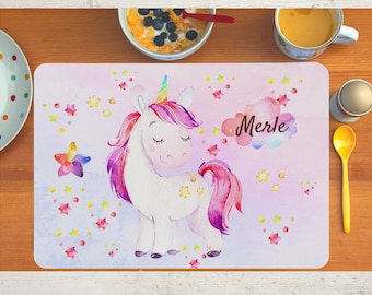 Tischset Platzset Platzdeckchen mit Name Kinder Junge Mädchen Textil Einhorn Rosa Regenbogen