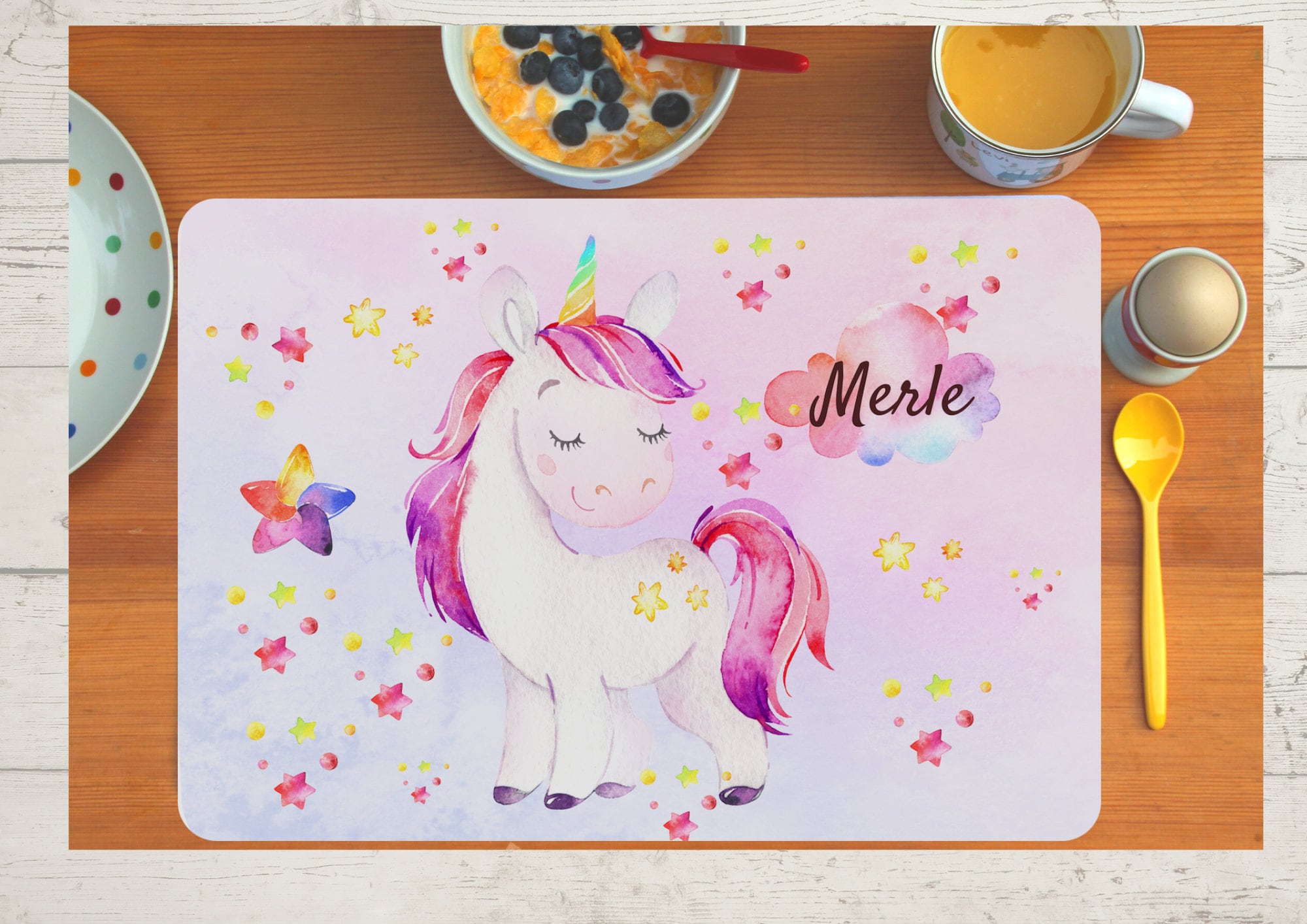 Placemat Placemat with Name Children Boy Girl Textile Unicorn Pink Rainbow