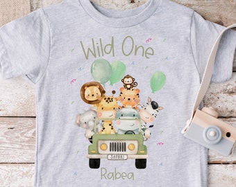 Iron-on transfer personalized with desired name and age jungle lion giraffe zebra safari animals jungle animals Wild One