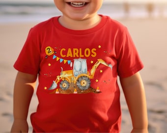 Tee shirt anniversaire chemise personnalisé anniversaire enfant garçon fille pelle chargeuse sur pneus chantier ouvrier du bâtiment