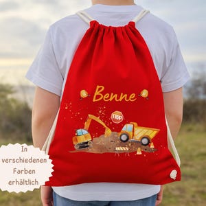 Sac de sport avec nom – motif excavatrice et chargeuse sur pneus – personnalisé – sac de sport chantier – crèche et inscription scolaire garçons – coton