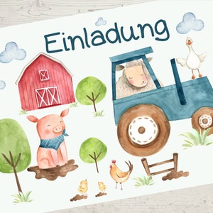 8 Einladungskarten für den Kindergeburtstag Bauernhof Bauernhoftiere Traktor Trecker