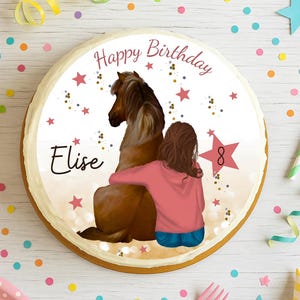 Cake topper girl with horse – personalized with name & number – fondant image birthday – emotional motif – edible – Ø20 cm