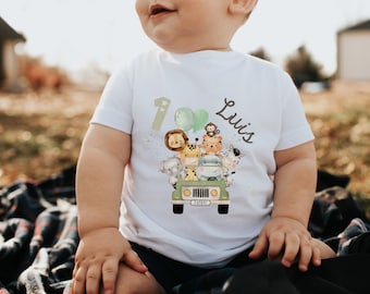 Birthday shirt with name & number – Wild One jungle animals lion tiger zebra elephant – personalized T-shirt for children