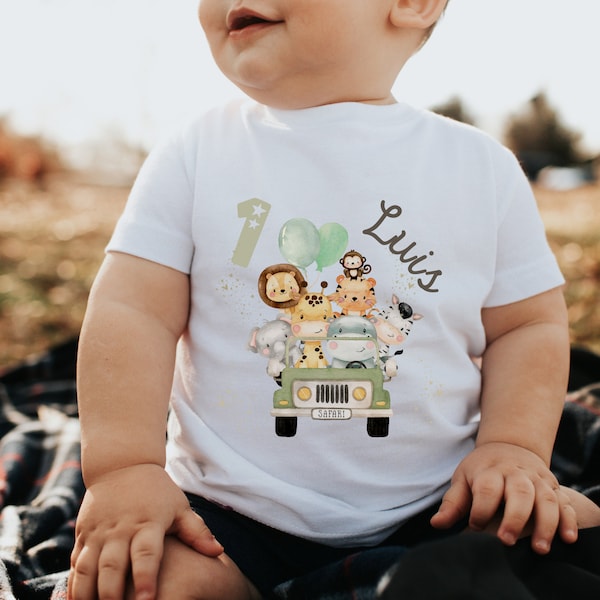 T-Shirt Anniversaire Chemise Personnalisé Anniversaire Enfant Garçon Fille Jungle Animaux Safari Girafe Zèbre Lion Wild One