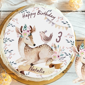 Cake Topper Fondant Birthday Child Sugar Image Girl Boy Deer Forest Animals Boho