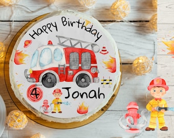 Cake Topper Fondant Birthday Child Sugar Image Girl Boy Fire Brigade Rescue Vehicle Fireman Cake Topper Birthday Cake