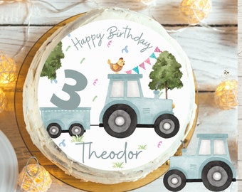 Cake topper tractor turquoise – personalized with name & number – farm birthday boy – fondant image Ø20cm – sugar image