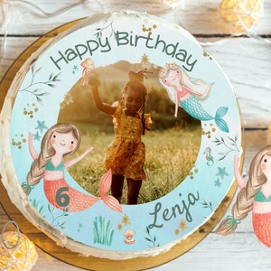 Cake topper with photo fondant birthday child sugar picture girl boy mermaid sea underwater mermaid party