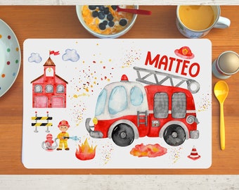 Placemat placemat with name children boy girl textile fire brigade rescue vehicles fireman