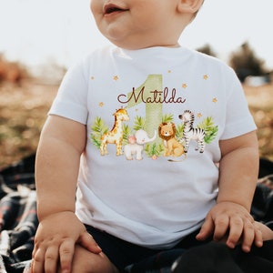 T-Shirt Birthday Shirt Personalized Birthday Child Boy Girl Jungle Animals Safari Giraffe Zebra Lion Wild One