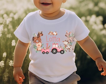 T-Shirt Birthday Shirt Personalized Birthday Child Boy Girl Tractor Farm Farm Animals Pink