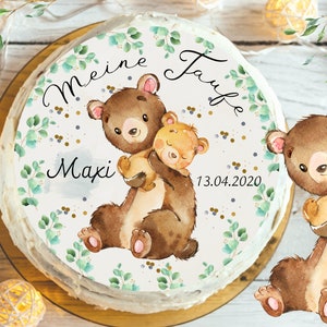 Cake topper baptism personalized edible fondant decoration with bear motif handmade vegan cake decoration for girls and boys