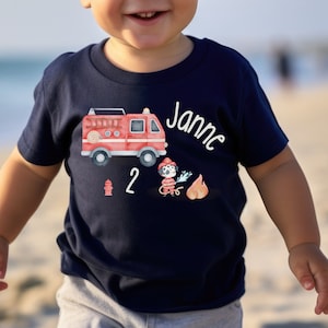 T-Shirt Birthday Shirt Personalized Birthday Child Boy Girl Fire Department Rescue Vehicles Fireman Dog