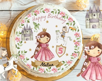 Cake Topper Fondant Birthday Child Sugar Image Girl Boy Princess Knight Dragon Castle Damsel Princess Birthday