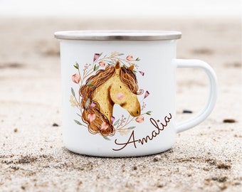 Emailletasse Emaillebecher mit Namen personalisiert Pferd Pony Reiterin Pferdemädchen