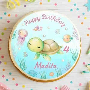 Cake topper underwater pink girl – fondant image birthday with name & number – turtle, fish, corals – sugar image