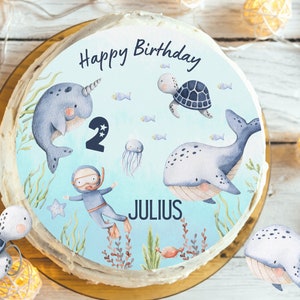 Underwater personalized cake topper – fondant whale turtle narwhal – with name & number – ocean birthday cake