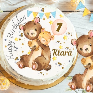 Decorazione per torta orso con bambino – personalizzata – immagine in pasta di zucchero compleanno bambino – immagine rotonda in zucchero – nome per bambina o bambino